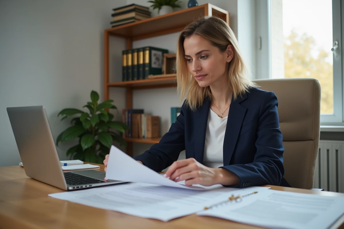 Femme consultant des documents administratifs pour contester une amende forfaitaire en ligne