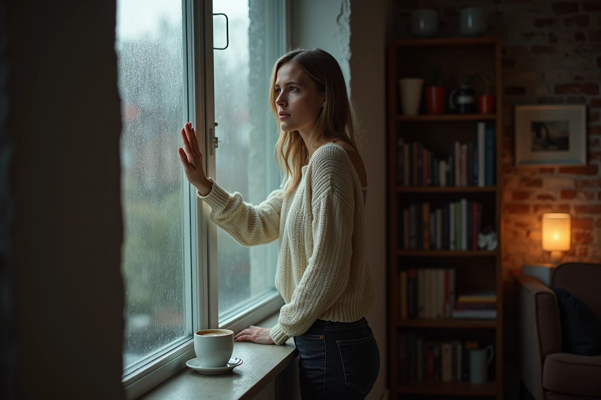 Femme contemplative près d'une fenêtre pluvieuse dans un appartement, évoquant l'introspection et les émotions profondes des paroles de Demons d'Imagine Dragons