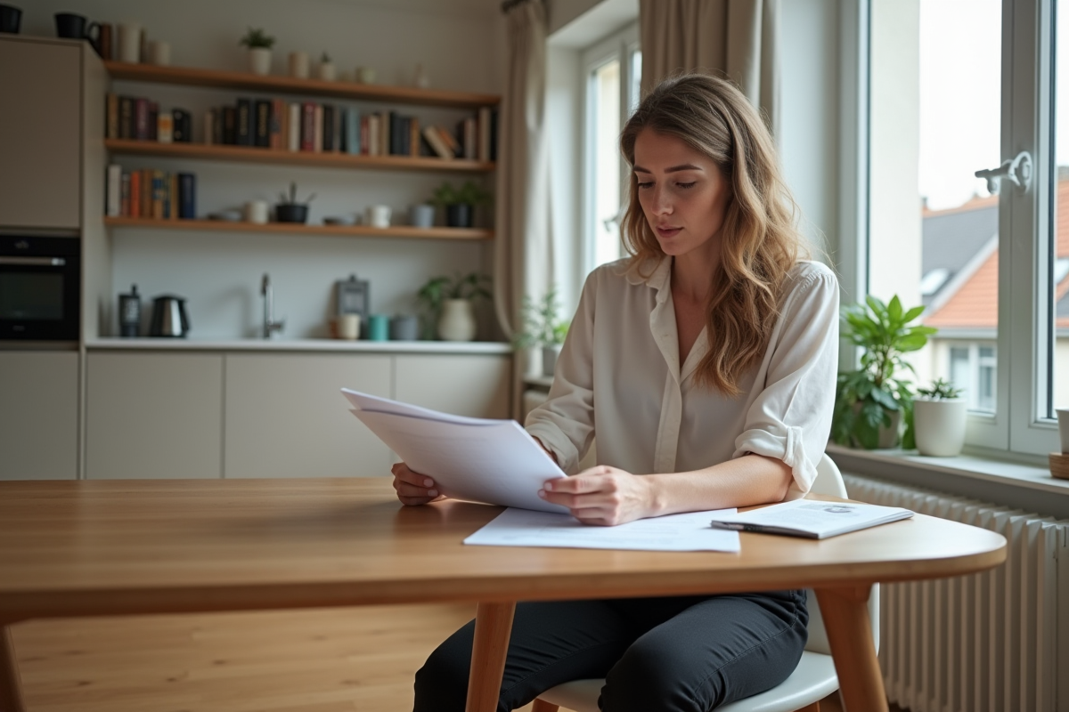 Femme lisant un contrat de location dans un appartement parisien