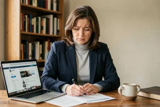 Femme consultant des documents administratifs France Travail à son bureau à domicile pour gérer sa désinscription tout en maintenant ses allocations chômage