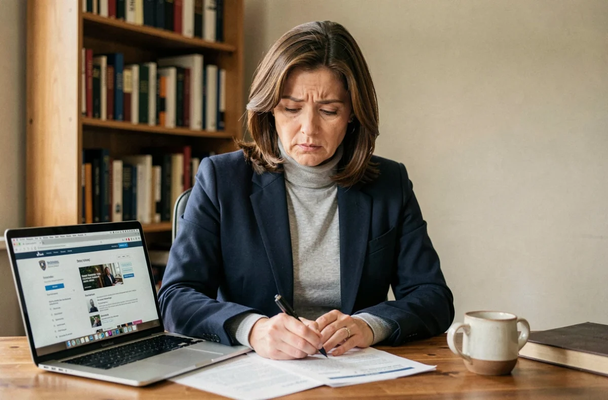 Femme consultant des documents administratifs France Travail à son bureau à domicile pour gérer sa désinscription tout en maintenant ses allocations chômage