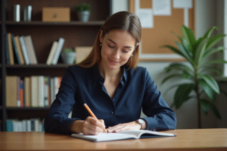 Femme en réflexion écrivant dans un journal intérieur