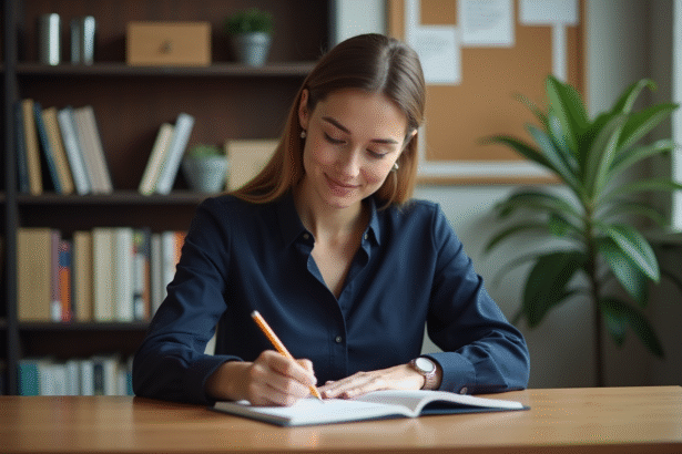 Femme en réflexion écrivant dans un journal intérieur