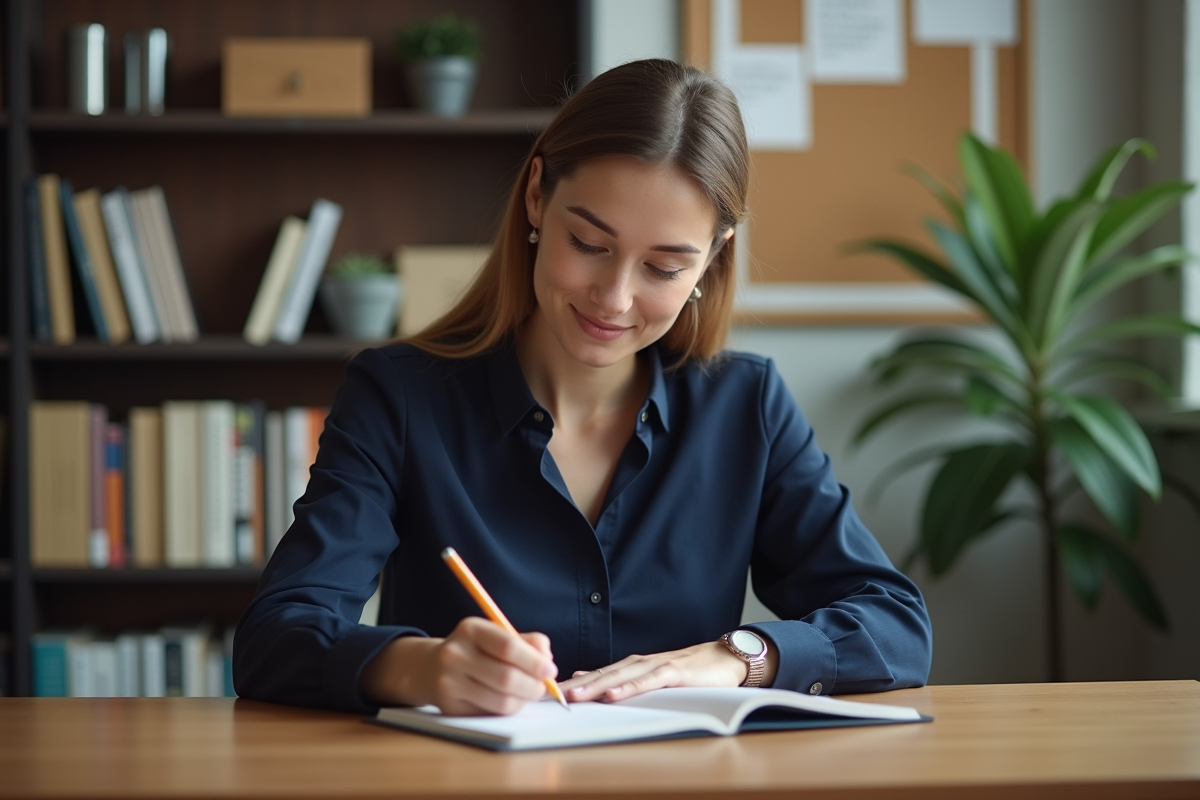 Femme en réflexion écrivant dans un journal intérieur