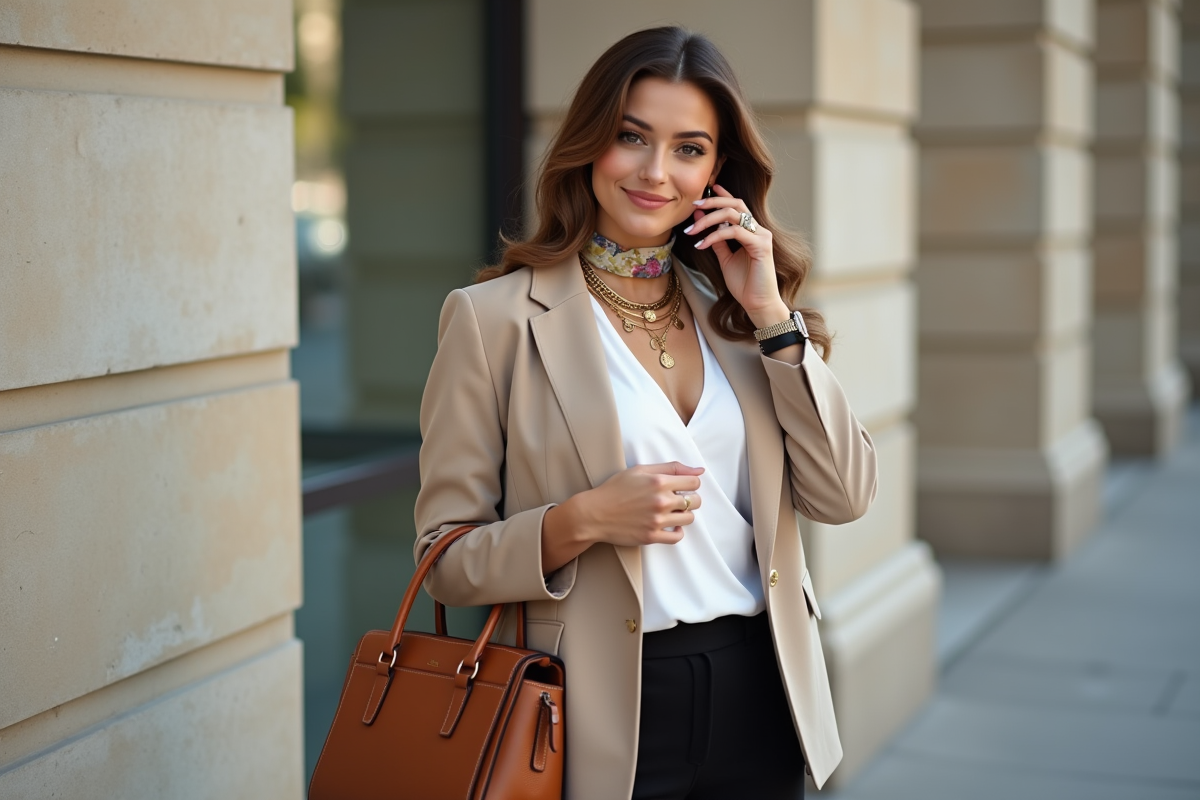 Femme élégante en blazer beige et accessoires sophistiqués