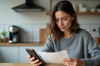 Femme inquiète regardant sa facture téléphonique après un appel au 118 712 depuis son portable