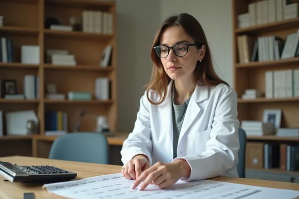 Femme scientifique pointant une formule de conversion pieds en centimètres sur un tableau imprimé posé sur un bureau en bois
