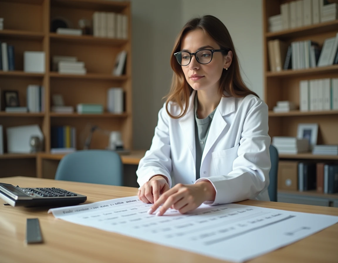 Femme scientifique pointant une formule de conversion pieds en centimètres sur un tableau imprimé posé sur un bureau en bois