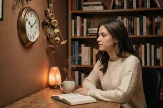 Jeune femme contemplant une horloge murale affichant 23h23, assise à un bureau en bois dans une pièce cosy aux tons neutres, symbolisant la signification spirituelle de l'heure miroir