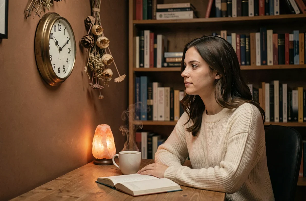 Jeune femme contemplant une horloge murale affichant 23h23, assise à un bureau en bois dans une pièce cosy aux tons neutres, symbolisant la signification spirituelle de l'heure miroir