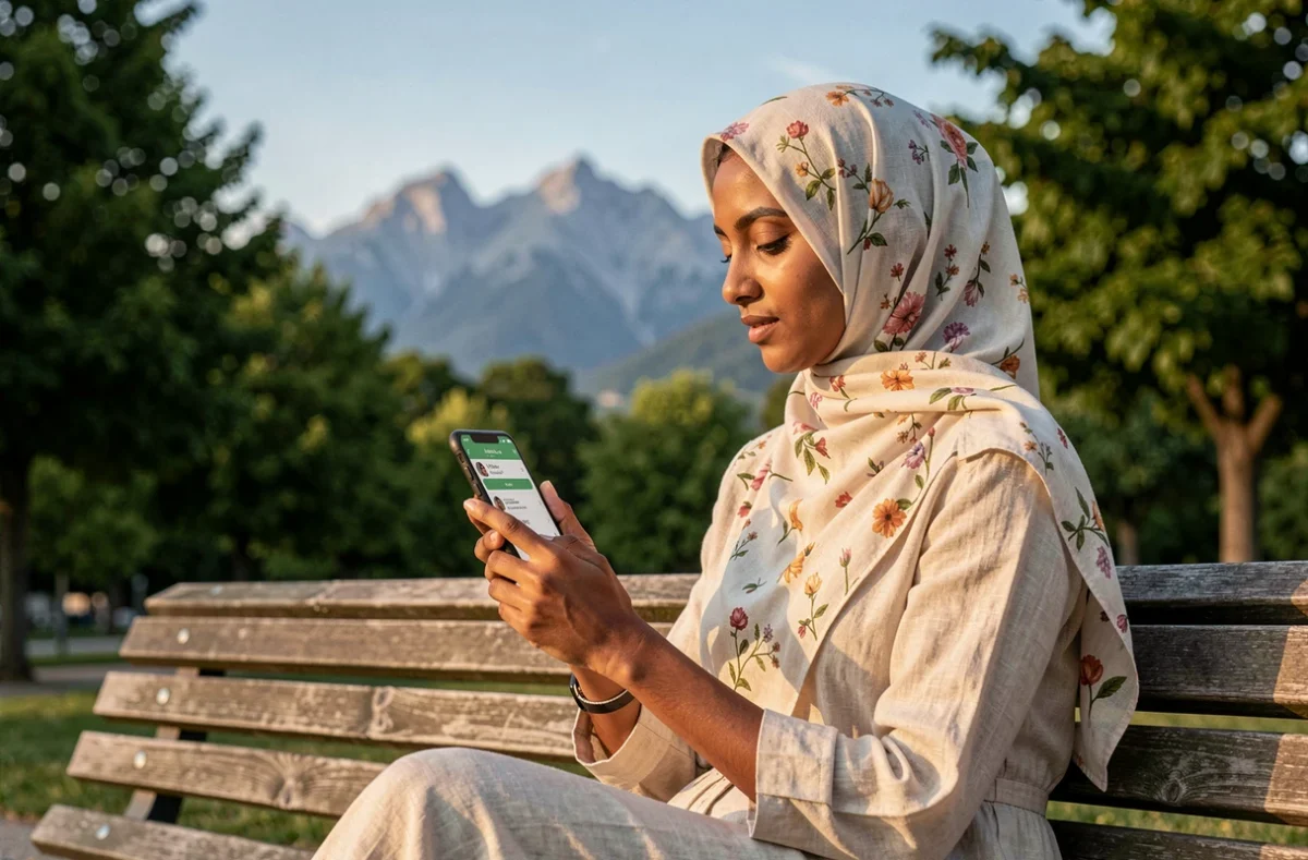 Jeune femme en hijab consultant les horaires de prière sur smartphone dans un parc de Grenoble en été avec les montagnes en arrière-plan