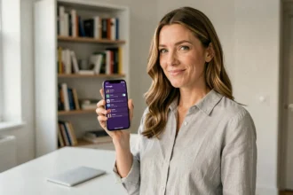 Femme tenant un iPhone 14 violet affichant les options de stockage dans un bureau moderne