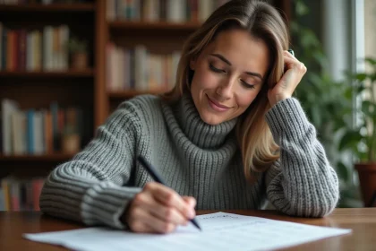Femme concentrée jouant à un jeu de lettres sur papier à son bureau, stimulation cognitive et cerveau