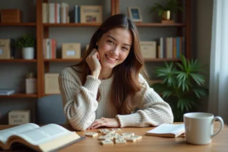 Jeune femme arrangeant des tuiles Scrabble sur une table