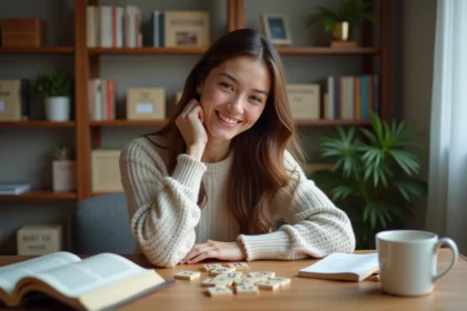 Jeune femme arrangeant des tuiles Scrabble sur une table