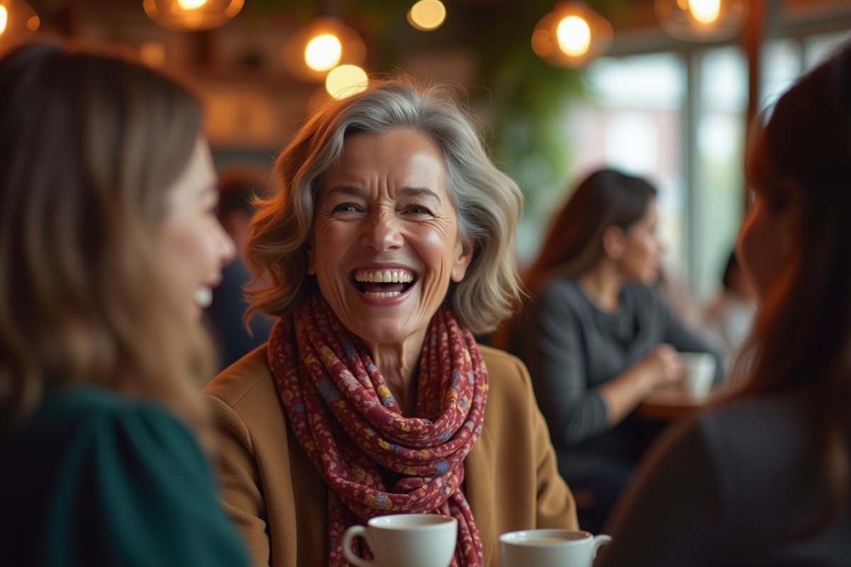 Femme souriante de 60 ans avec foulard coloré dans un cafe chaleureux