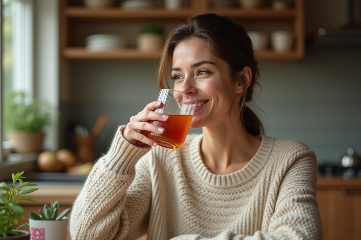 Femme détendue avec un kombucha dans une cuisine chaleureuse