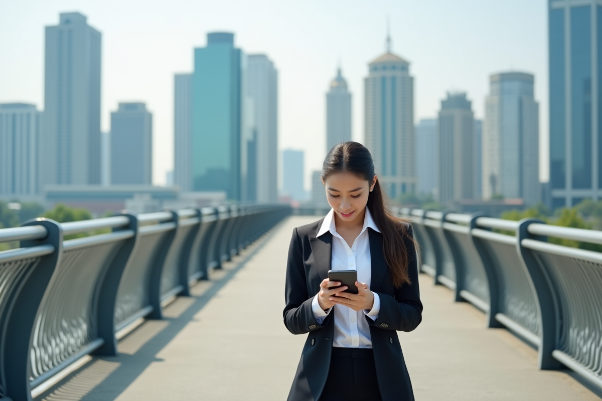 Jeune femme lisant une actualite financiere en extérieur