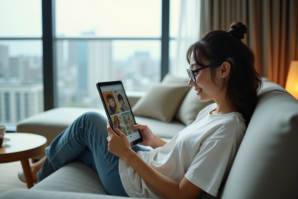 Femme lisant le dernier chapitre de One Piece sur une tablette dans un salon moderne