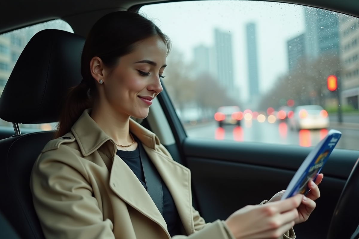 Jeune femme dans la voiture lisant l