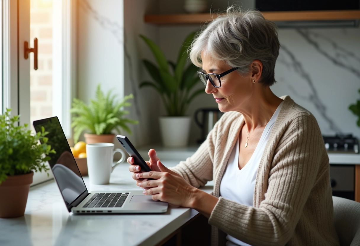 Femme lisant sur smartphone dans une cuisine lumineuse