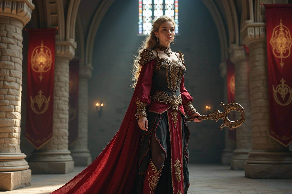 Jeune femme mage en robes dans une salle médiévale