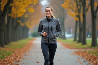 Femme en sportwear marche dans un parc urbain en automne