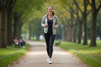 Femme d'âge moyen marche dans un parc urbain ensoleille