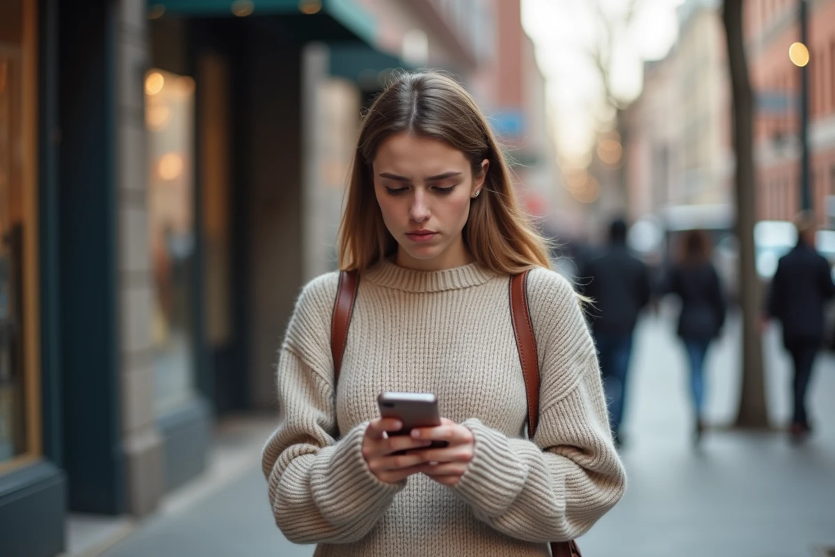 Jeune femme marche dans la ville en regardant son smartphone