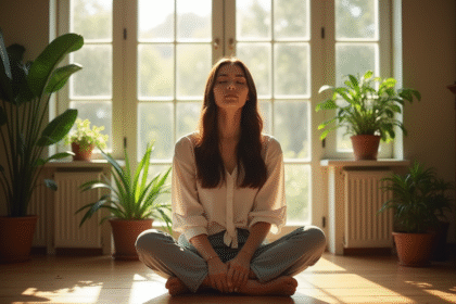 Jeune femme méditant près d'une fenêtre ensoleillée