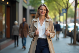 Femme élégante en trench beige dans une ville moderne