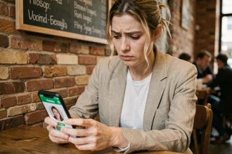 Femme regardant sa photo de profil WhatsApp floue sur son smartphone dans un café, expression préoccupée