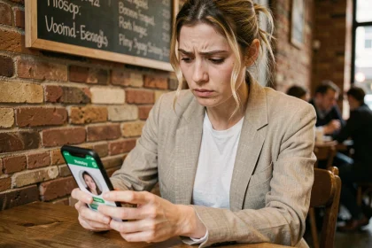 Femme regardant sa photo de profil WhatsApp floue sur son smartphone dans un café, expression préoccupée