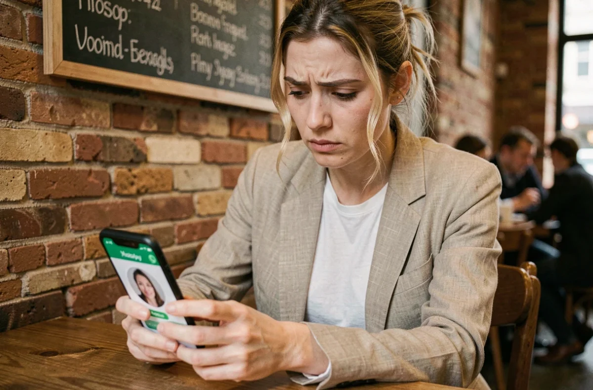 Femme regardant sa photo de profil WhatsApp floue sur son smartphone dans un café, expression préoccupée
