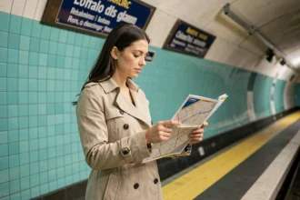 Femme consultant un plan du métro parisien sur le quai de la ligne 7, entourée de carrelages bleus caractéristiques