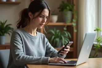 Femme consultant le centre d'aide Le Bon Coin sur son ordinateur portable pour signaler un problème de paiement