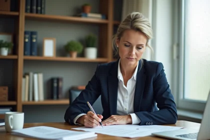 Femme professionnelle rédigeant une lettre de recours administrative sur son bureau avec des documents officiels