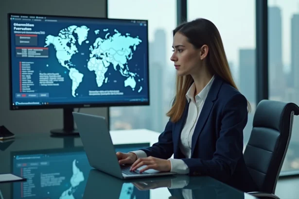 Femme professionnelle en bureau moderne avec écran de données cybersécurité