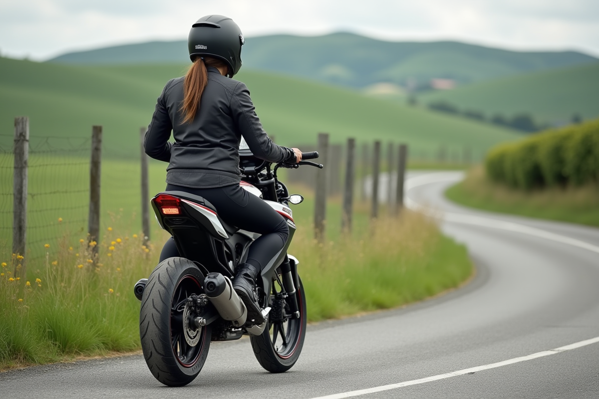Jeune femme en veste et casque sur une moto dans la campagne