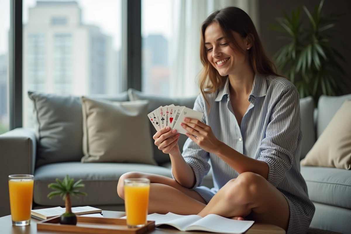 Jeune femme consultant les règles du jeu Palmier écrites dans un carnet lors d'une partie entre amis