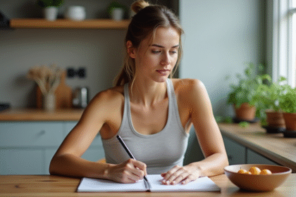 Femme en cuisine avec fruits et carnet pour sante