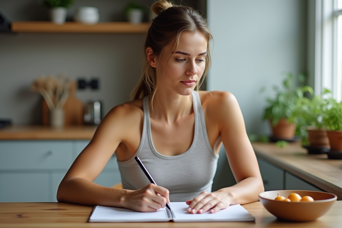 Femme en cuisine avec fruits et carnet pour sante
