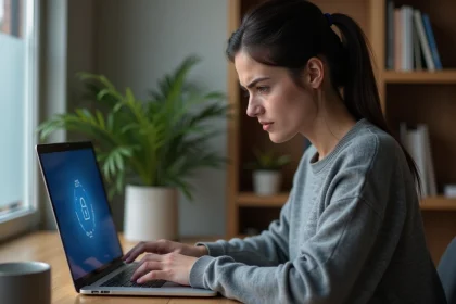 Femme consultant une application de réseaux sociaux sécurisée sur son ordinateur portable dans un bureau à domicile