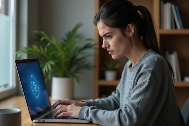 Femme consultant une application de réseaux sociaux sécurisée sur son ordinateur portable dans un bureau à domicile