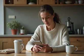 Femme dans sa cuisine regardant son smartphone avec inquiétude