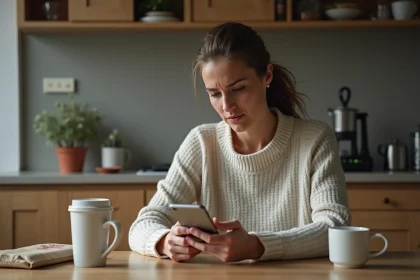 Femme dans sa cuisine regardant son smartphone avec inquiétude