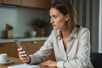 Femme en tenue décontractée avec smartphone dans la cuisine