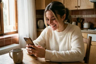 Jeune femme souriante en train de lire des citations sur son smartphone dans une cuisine chaleureuse