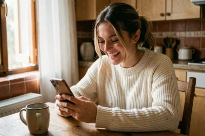 Jeune femme souriante en train de lire des citations sur son smartphone dans une cuisine chaleureuse