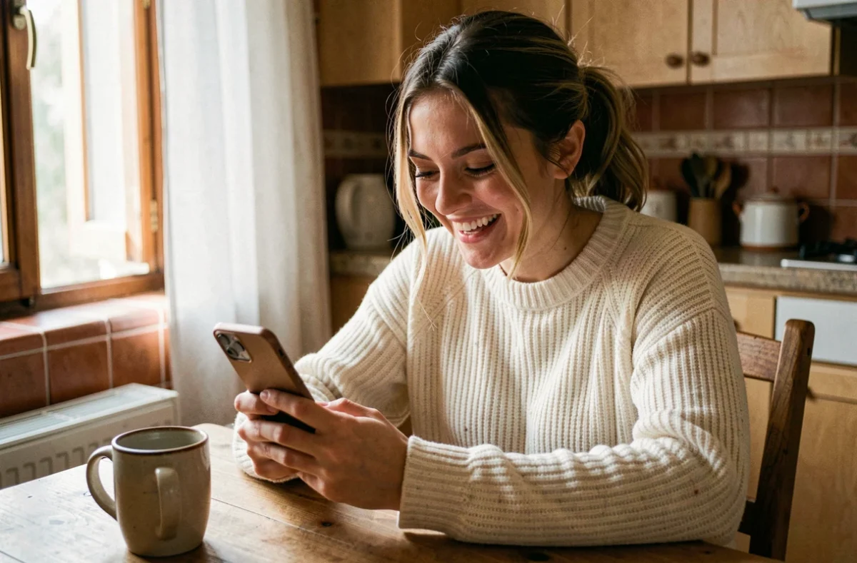Jeune femme souriante en train de lire des citations sur son smartphone dans une cuisine chaleureuse